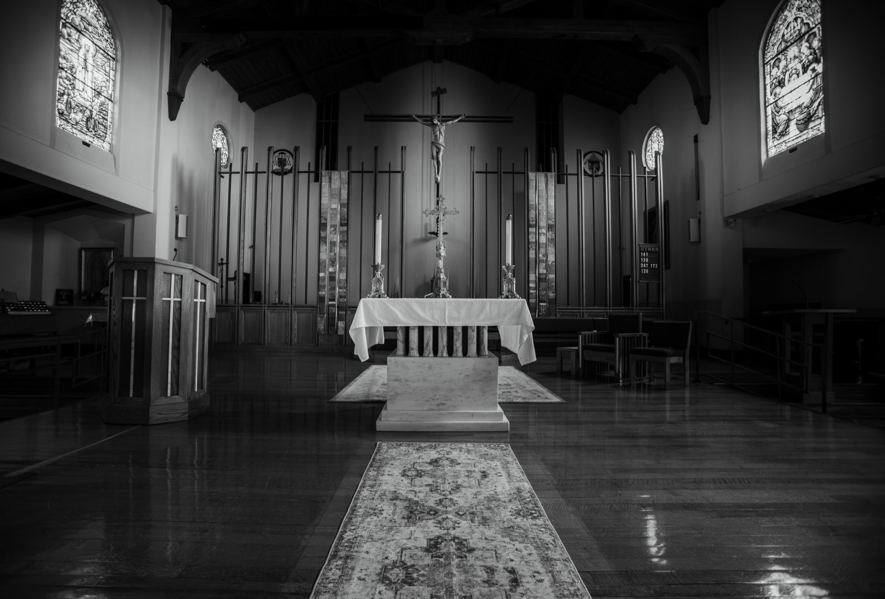 The altar and crucifix in the chapel